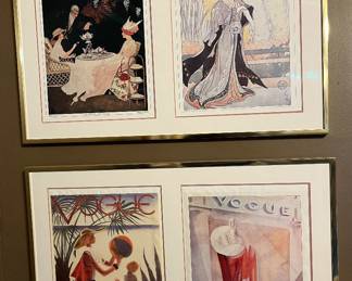 Vogue magazine cover reprints, framed, including two covers per frame.