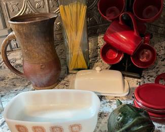 Vintage Federal Glass loaf pan and studio art pottery pitcher among an excellent selection of kitchenware, cookware and bakeware.