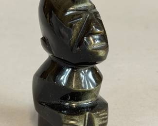 VINTAGE BLACK OBSIDIAN HAND CARVED AZTEC FIGURINE