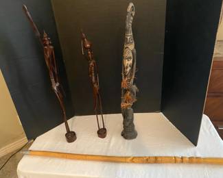 Kenyan Carved Couple, Spirit Figure From Papua And Walking Stick
