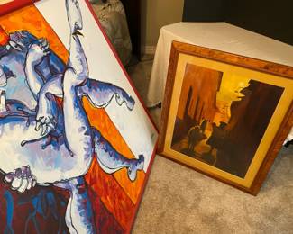 Large Abstract Painting And A Print Of A Llama And Friend
