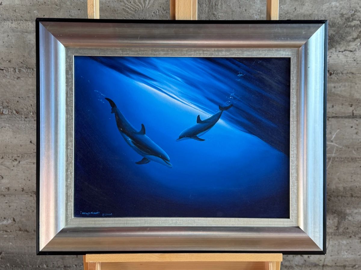 “Minds in the Waters”, an original painting by listed artist, Robert Wyland circa 2006. Signed lower left and measures in frame, 26” H x 32” W.