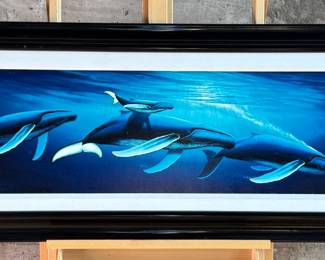 “Ancient Travelers”, a limited edition giclee by listed artist, Robert Wyland. Signed lower left and measures in frame, 21” H x 48” W.