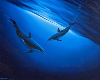 “Minds in the Waters”, an original painting by listed artist, Robert Wyland circa 2006. Signed lower left and measures in frame, 26” H x 32” W.