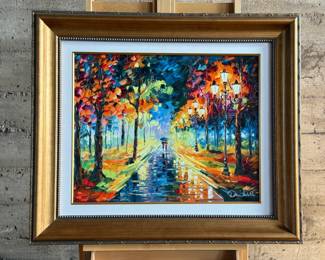 “Romantic Stroll”, an embellished giclee by listed artist, Daniel Wall. Signed lower right and measures in frame, 30” H x 35” W.
