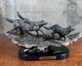 “Night Hunters”, a hand-cast resin sculpture from the DEMDACO Marc Pierce signature collection. Signed on the base and measures, 9” H x 16” W.