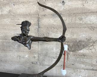 “Indian Archer”, a bronze sculpture by listed artist, Mario Nick. Signed on the base as shown in photos and measures, 33” H x 23” W x 6.5” D.
