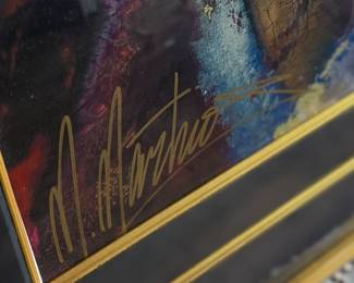 “My Madonna”, a limited edition serigraph by listed artist, Matiros Manoukian. Signed lower left and measures in frame, 46” H x 46” W. Appears to be embellished.