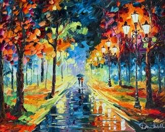 “Romantic Stroll”, an embellished giclee by listed artist, Daniel Wall. Signed lower right and measures in frame, 30” H x 35” W.