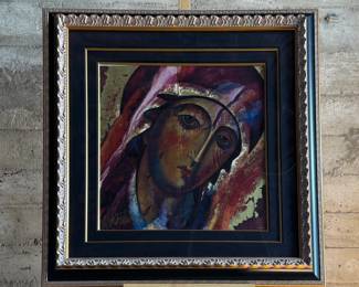 “My Madonna”, a limited edition serigraph by listed artist, Matiros Manoukian. Signed lower left and measures in frame, 46” H x 46” W. Appears to be embellished.