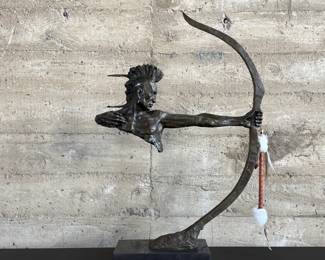 “Indian Archer”, a bronze sculpture by listed artist, Mario Nick. Signed on the base as shown in photos and measures, 33” H x 23” W x 6.5” D.