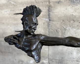 “Indian Archer”, a bronze sculpture by listed artist, Mario Nick. Signed on the base as shown in photos and measures, 33” H x 23” W x 6.5” D.
