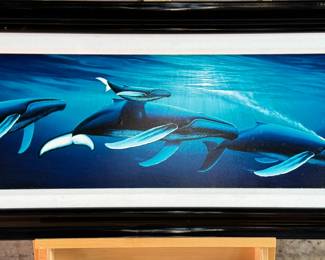 “Ancient Travelers”, a limited edition giclee by listed artist, Robert Wyland. Signed lower left and measures in frame, 21” H x 48” W.