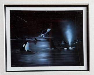 “Orca’s Starry Night”, a limited edition lithograph by listed artist, Robert Wyland. Signed lower left and measures in frame, 29” H x 33.5” W.