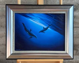 “Minds in the Waters”, an original painting by listed artist, Robert Wyland circa 2006. Signed lower left and measures in frame, 26” H x 32” W.