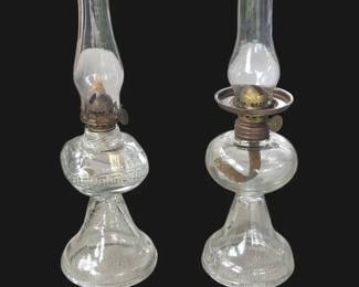 Pair of Vintage Clear Glass Pedestal Oil Lamps Greek Key Pattern Brass Burners