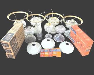 Vintage Aladdin Mantle Oil Lamp Lot 7 Glass Founts, NOS Chimneys, Shades, Wicks