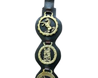 Vintage EngliVintage English Horse Brass Leather Martingale Strap Three Medallion Equestrian Decor