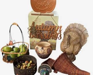 Vintage Modern Thanksgiving Autumn Decor Lot Turkeys, Cornucopia, Signs And Pottery