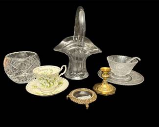 Elegant Vtg Glass, Brass Porcelain Decor