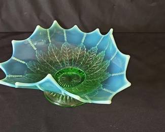 Vintage Fostoria Heirloom Green Opalecent Glass Bowl