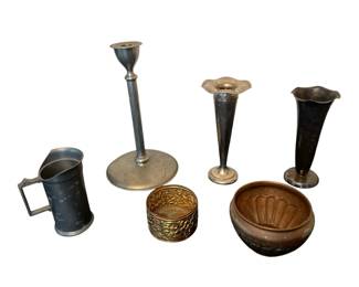 Vintage Pewter Pitcher, Scalloped Copper, Halsey Metal Brass Planter, Candlestick Holder Bud Vases