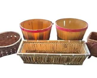 Vintage Assorted Wooden And Wicker Baskets 5 Pc