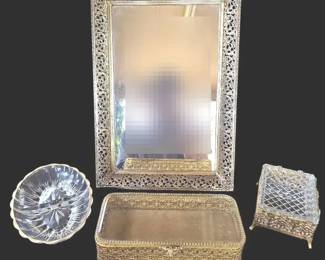 Vintage Hollywood Regency Gold Filigree Vanity Jewelry Box Set
