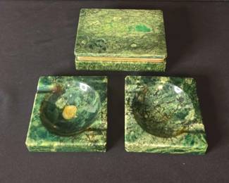 Genuine Alabaster Hand Carved, Made In Italy Ashtrays and Cigarette Box