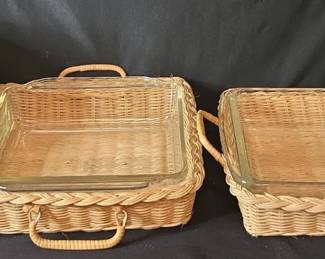 Pyrex, Anchor Hocking, Woven Wicker Carriers, Fruit And Flower Candles