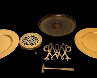 Gold Colored Charger Plates w Brass Flower Vase Grid, Trivet, Hammer Japanese Bronze Vase