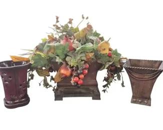 3Piece Tuscan Style Autumn Fruit Floral Arrangement Matching Vases