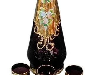 Vintage Amethyst Glass Decanter With Five Glasses And Waterford Crystal Bell