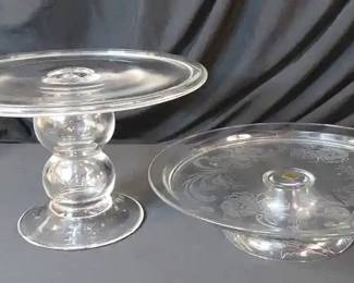 Vintage Floral And Clear Pedestal Cake Stand Pair