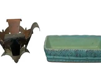 Vintage Copper Metal Candle Holder w McCoy Ceramic Planter