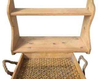 Vintage Rustic Pine Wooden 2Tier Wall Shelf Matching Rope Handle Tray Set