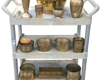 Vintage Brass Planter Vase Assortment with Rolling 3Tier Utility Cart