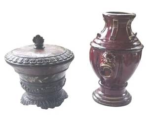 Vintage Decor Lot Bombay Co. Burgundy Stoneware Urn Inlaid Lidded Jar