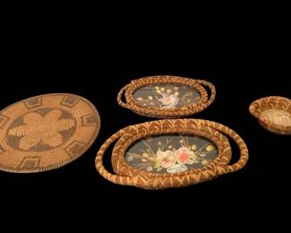 Vintage Seashell Art Kitsch Baskets w Native American Apache Tray