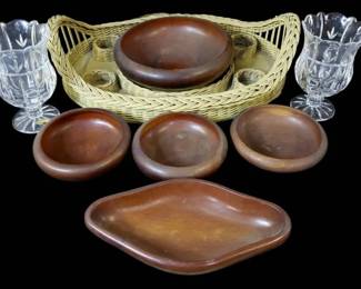 Vintage MidCentury Teak Wood, Wicker Tray Salad Set With Crustal Hurricane Vases