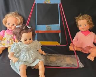 Vintage Metal Doll Swing And 3 Vintage Babies