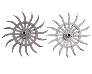 2 Antique Cast Iron Rotary Hoe Garden Wheels Rustic Country Farmhouse Decor