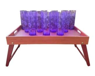 Retro Barware Set 12 Purple ORing Tumblers with Wooden Bed Tray