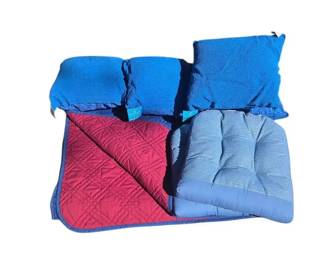 Outdoor Comfort Lot Quilted Blanket, Tufted Seat Cushions, Accent Pillows