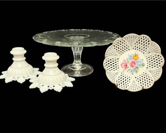Ramex China Bowl, 2 Milk Glass Candle Holders Teardrop Cake Stand