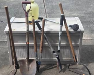 Assortment Of Vintage Yard Tools With Suncast Deck Box