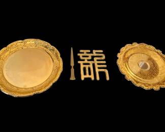 Vintage Efavormart International Silver Co. Serving Trays w Brass Chinese Calligraphy