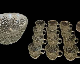 Vintage Glass Anchor Hocking Punch Bowl w Cups Plastic Ladle