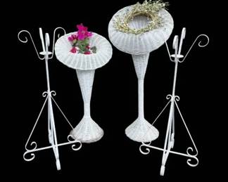Vintage White Wicker Trumpet Plant Stands With Metal Flower Pot Stands