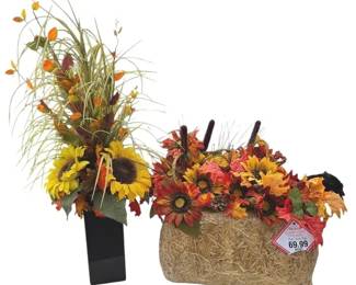 Autumn Sunflower Maple Leaf Decor with Rustic Straw Bale Base